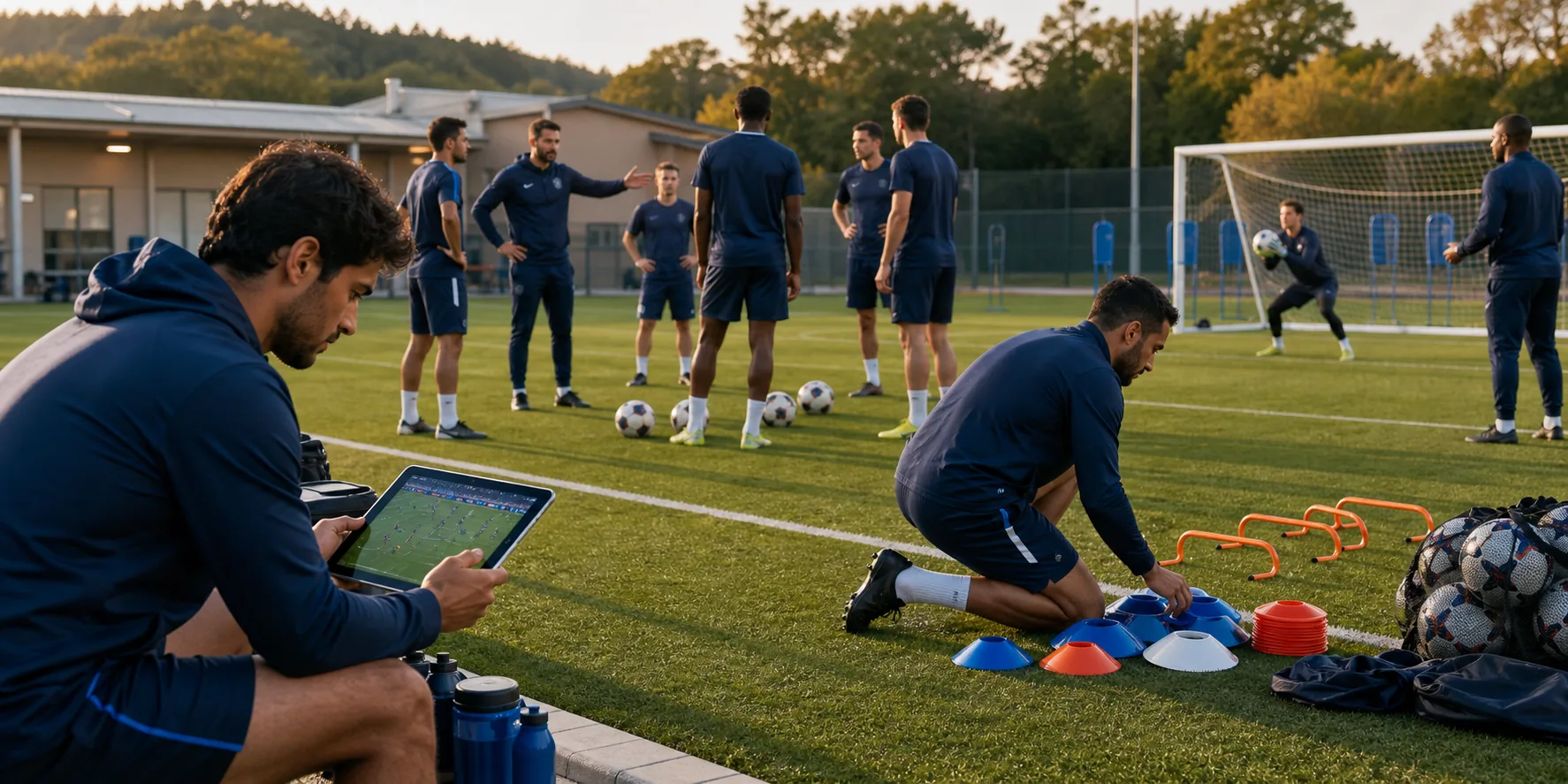 Soccer professionals coaching, analyzing training, preparing equipment, and working with a goalkeeper