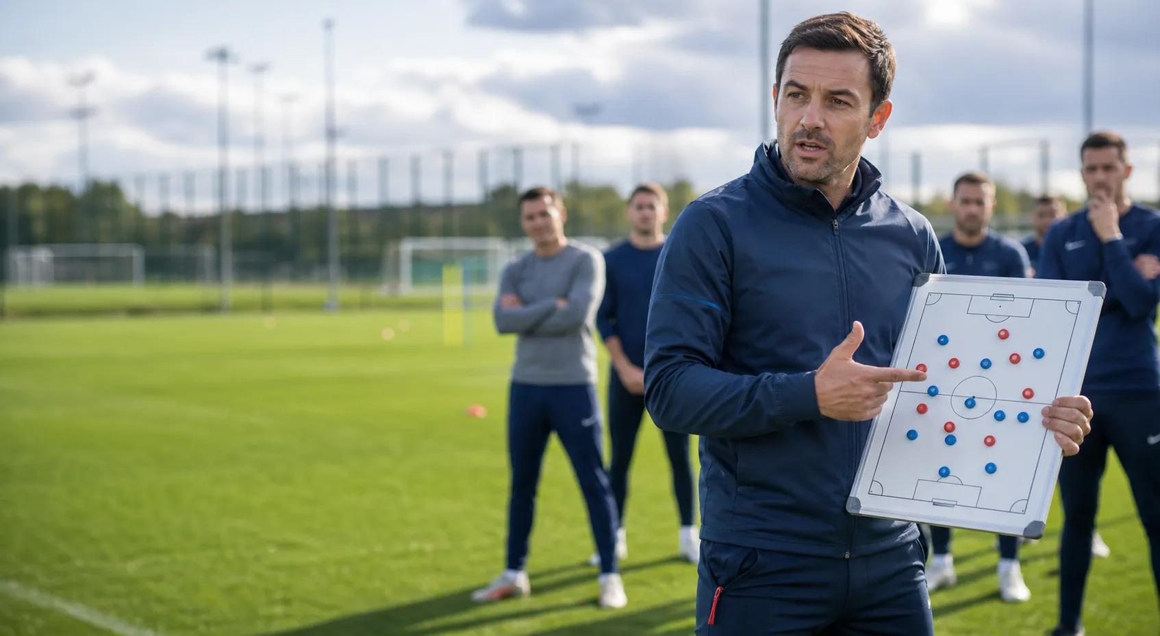 Coach explaining a soccer game plan with a magnetic tactics board during a training session